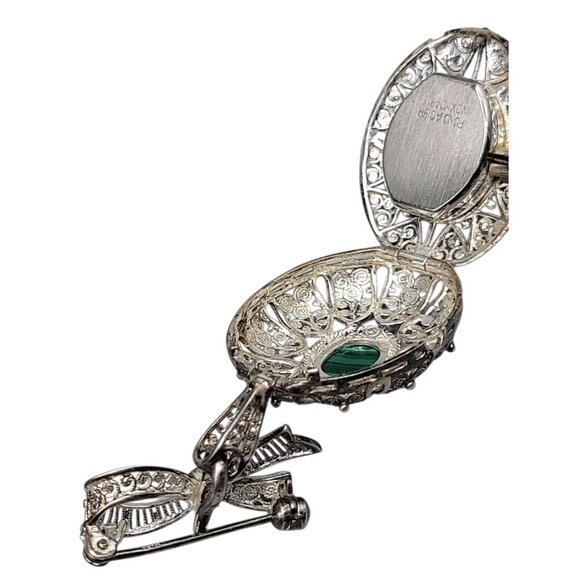 Vintage Hamilton 17J Brooch Watch 800 Silver Filigree Malachite Swiss Runs As-Is - Picture 6 of 11